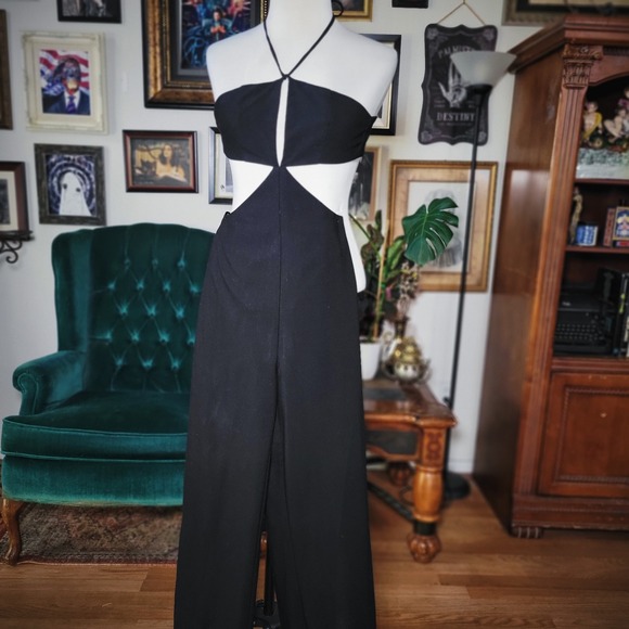 Bebe Jumpsuit Black Halter Neck Cutout Wide Leg Sleek Daring 0 - Picture 4 of 7